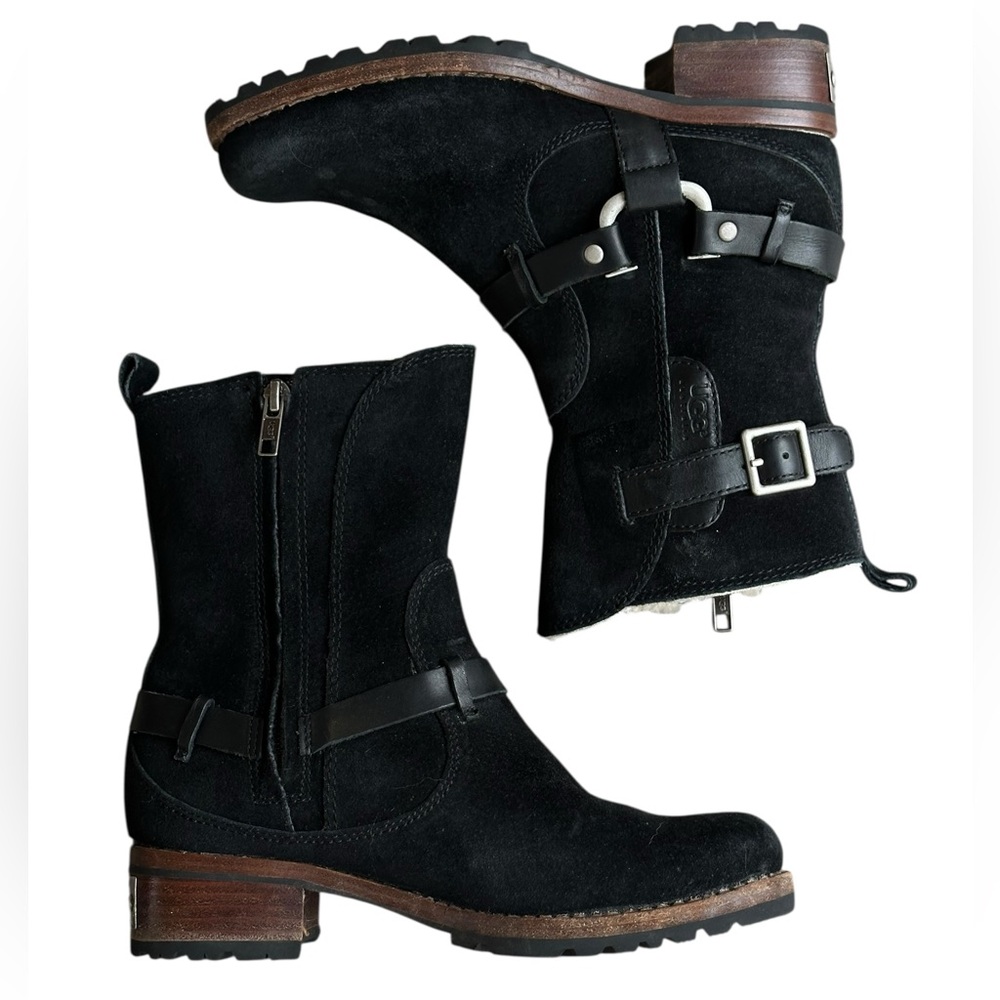 UGG Endell Black Suede Harness Strap Sherpa Lined Boots